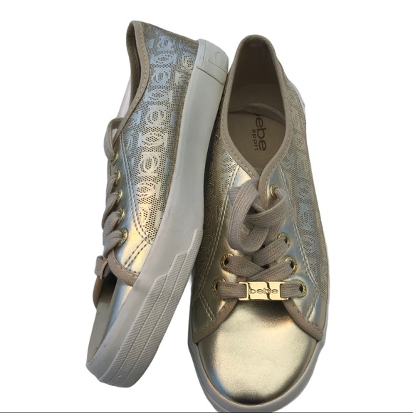 Bebe Dane Shiny Gold Lace-up Vented Sneaker Sz 7 - Picture 3 of 15